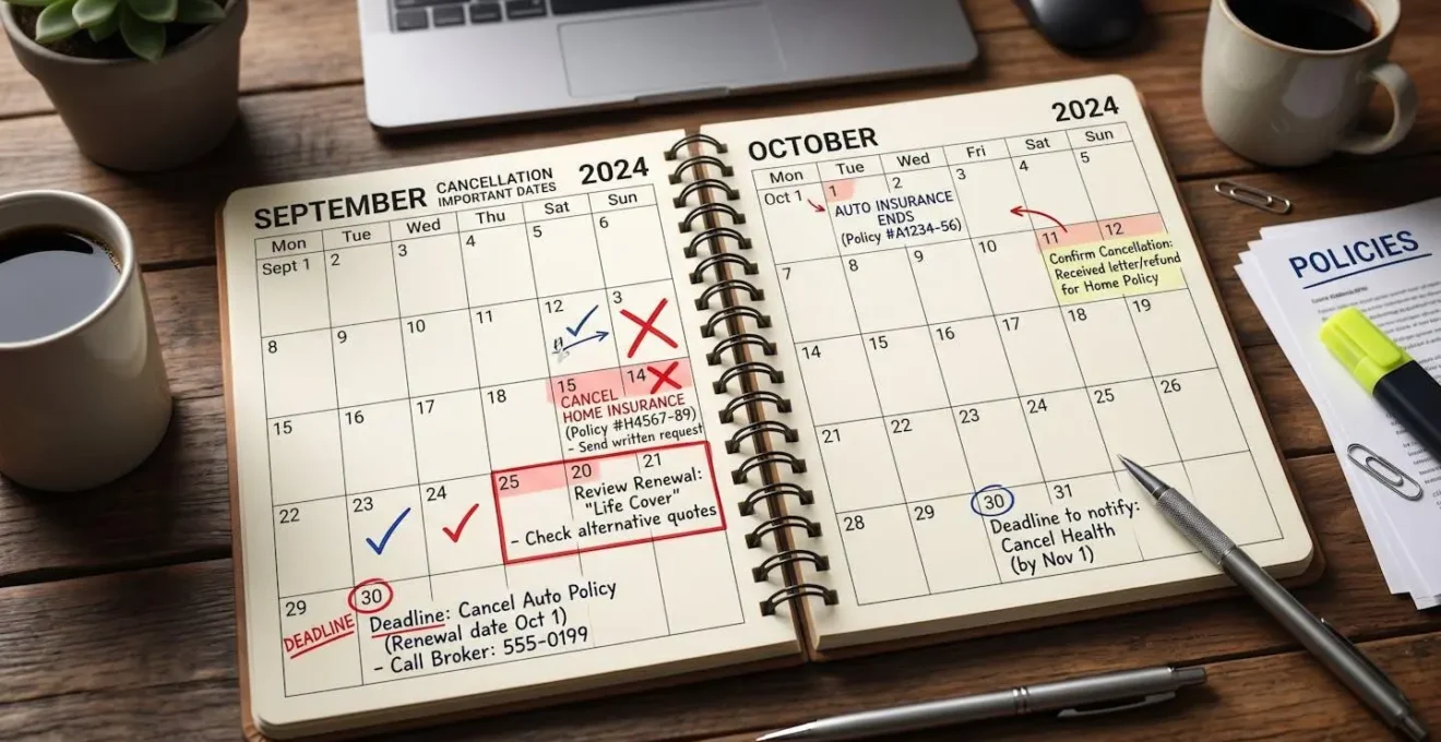 Agenda avec dates importantes marquées pour la résiliation d'assurance