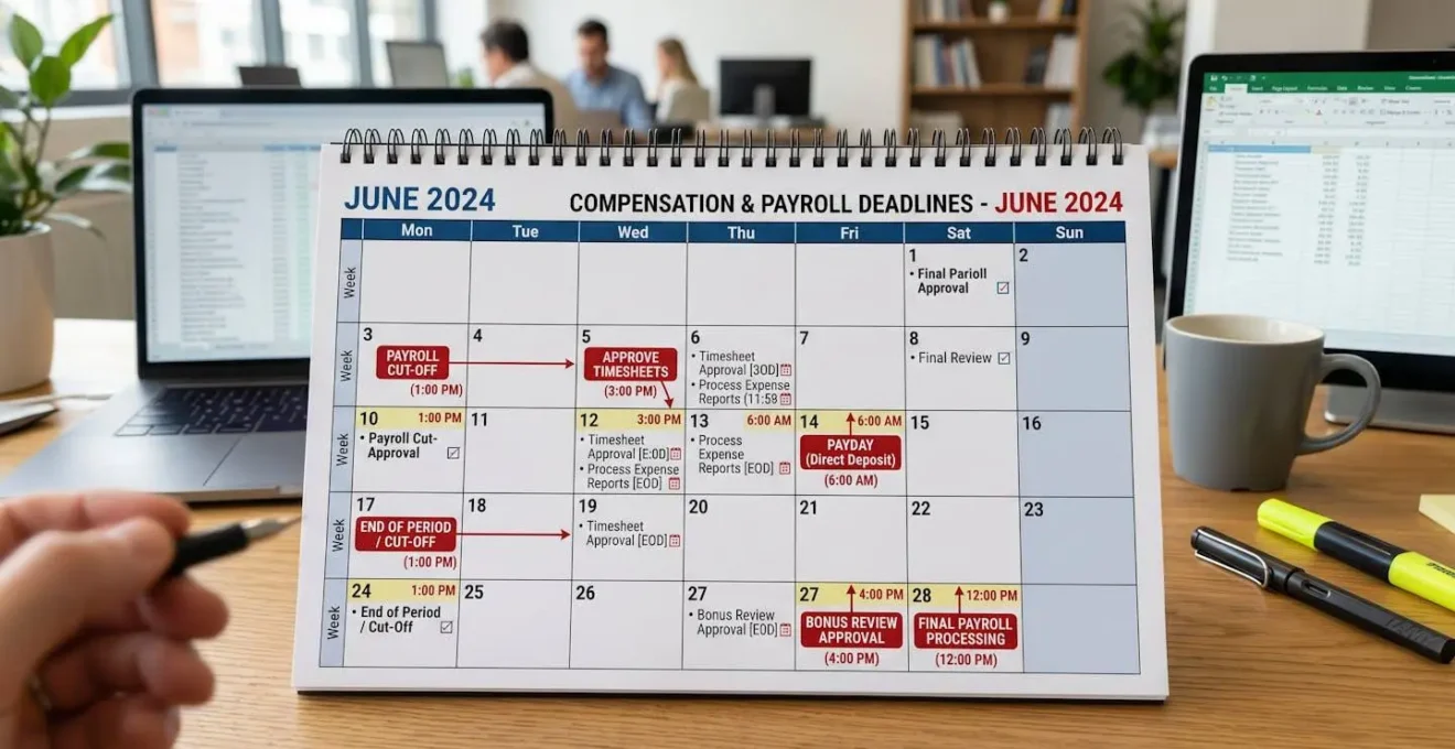 Calendrier professionnel avec marqueurs temporels montrant les délais d'indemnisation