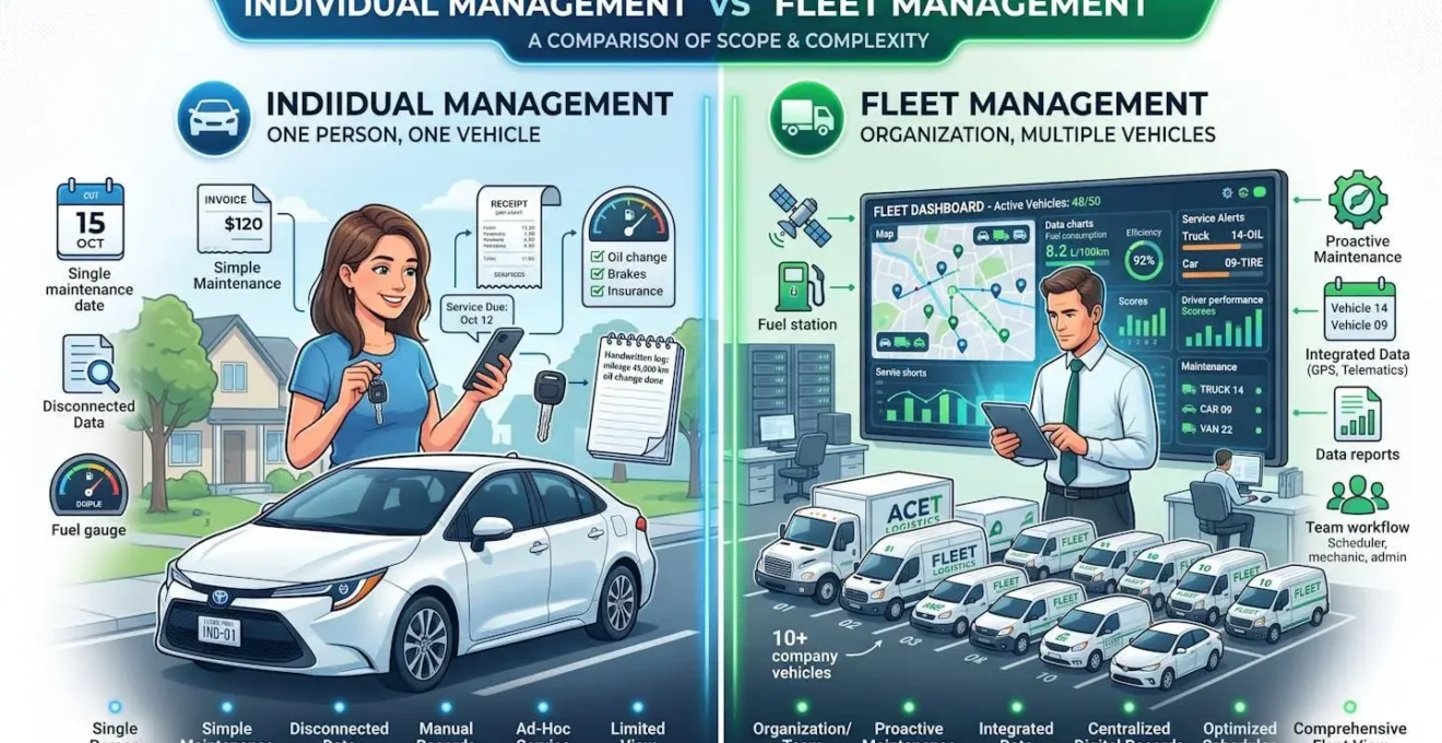 Comparaison visuelle entre gestion individuelle et gestion flotte de véhicules