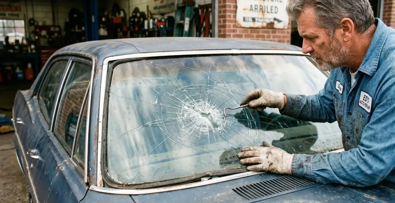 Gros plan sur des dégâts de pare-brise d'une voiture ancienne avec mécanicien examinant