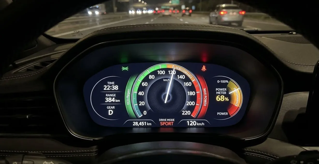 Tableau de bord automobile montrant un compteur de vitesse avec zones colorées indiquant les seuils de puissance