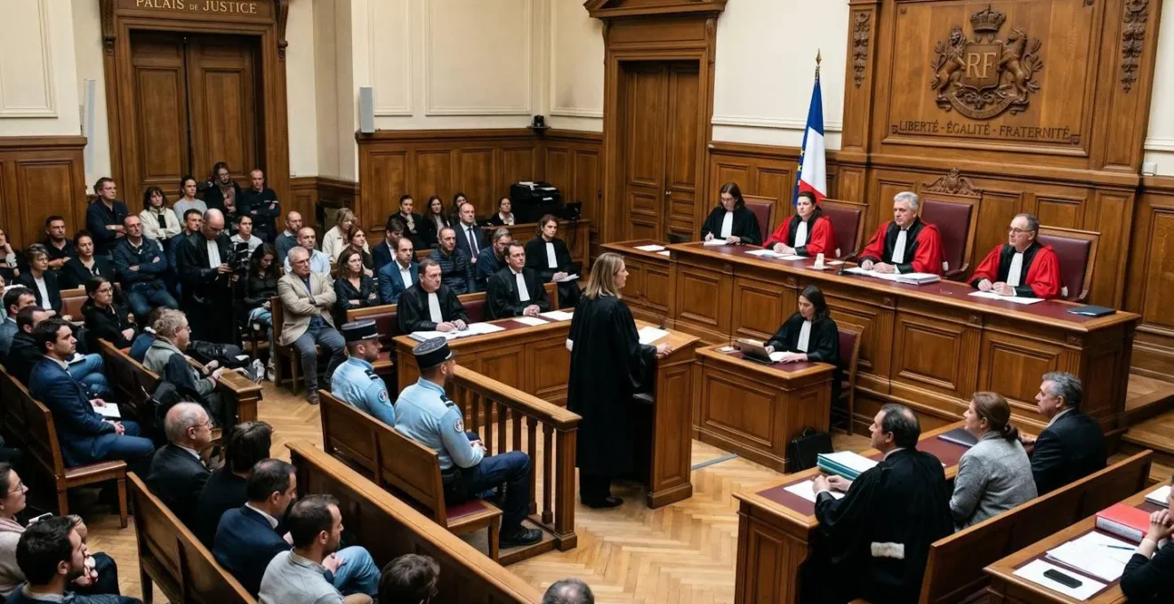 Salle d'audience de tribunal français vue de côté avec magistrats et parties