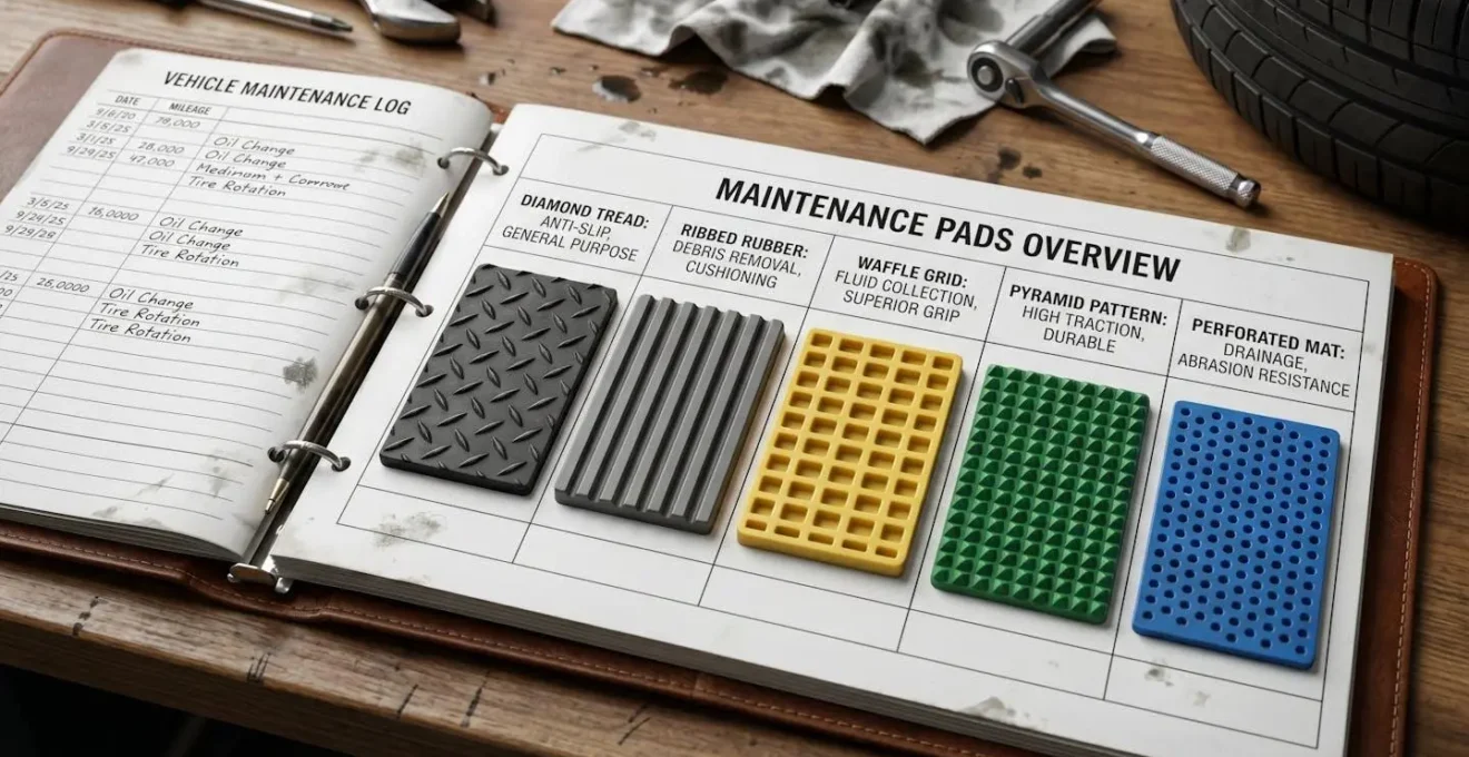 Vue macro de tampons d'entretien avec différentes textures et reliefs sur carnet automobile