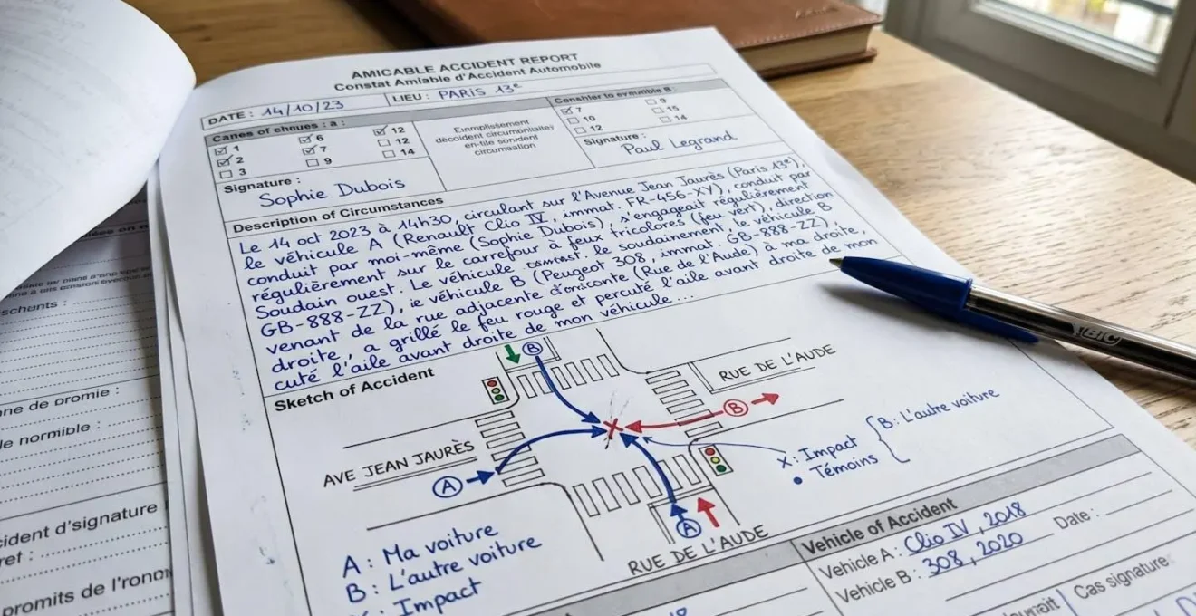 Vue macro détaillée d'un constat amiable avec stylo, montrant la complexité de la déclaration
