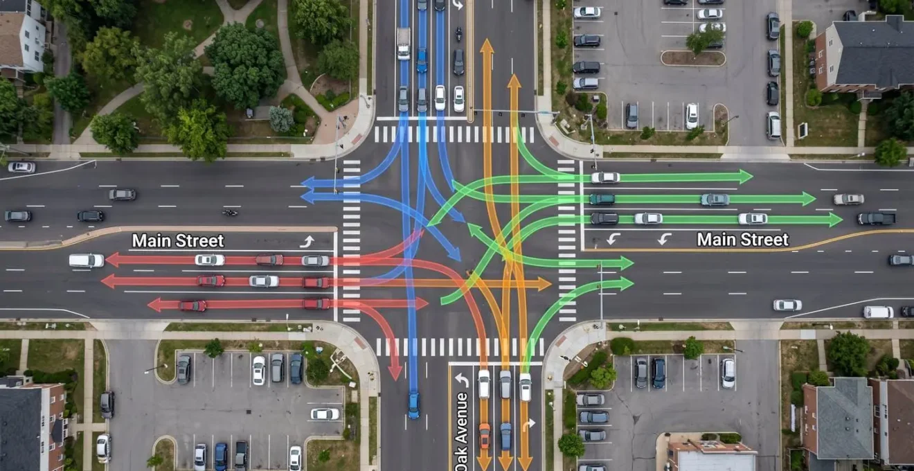 Vue aérienne d'une intersection routière avec trajectoires de véhicules matérialisées