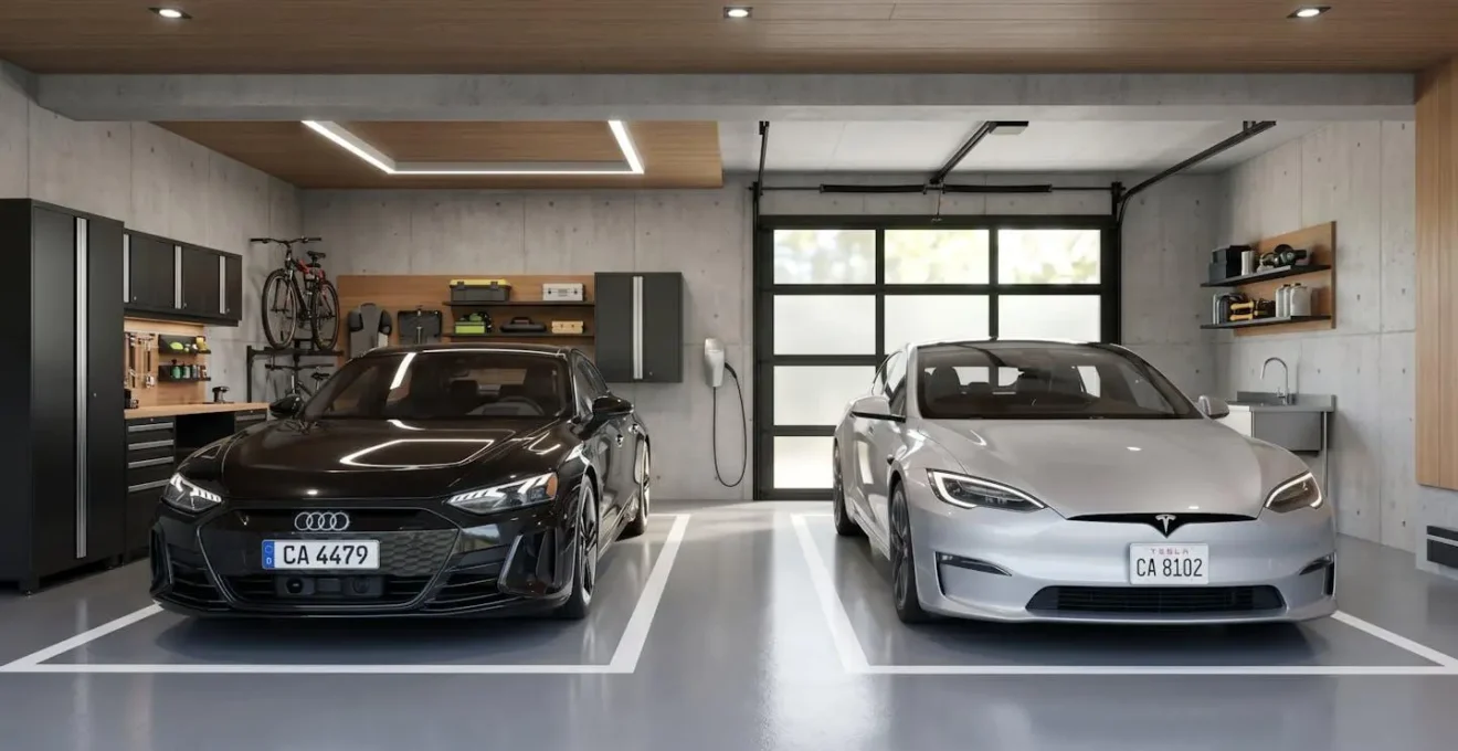 Deux véhicules stationnés côte à côte dans un garage moderne éclairé