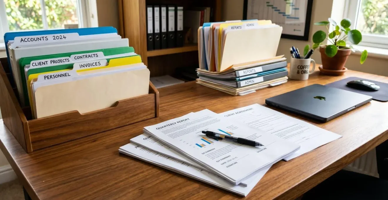 Bureau organisé avec dossiers administratifs et stylo posé sur des papiers