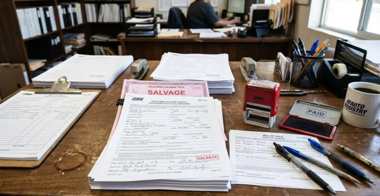Bureau avec documents administratifs pour cession de véhicule épave, tampons et stylos