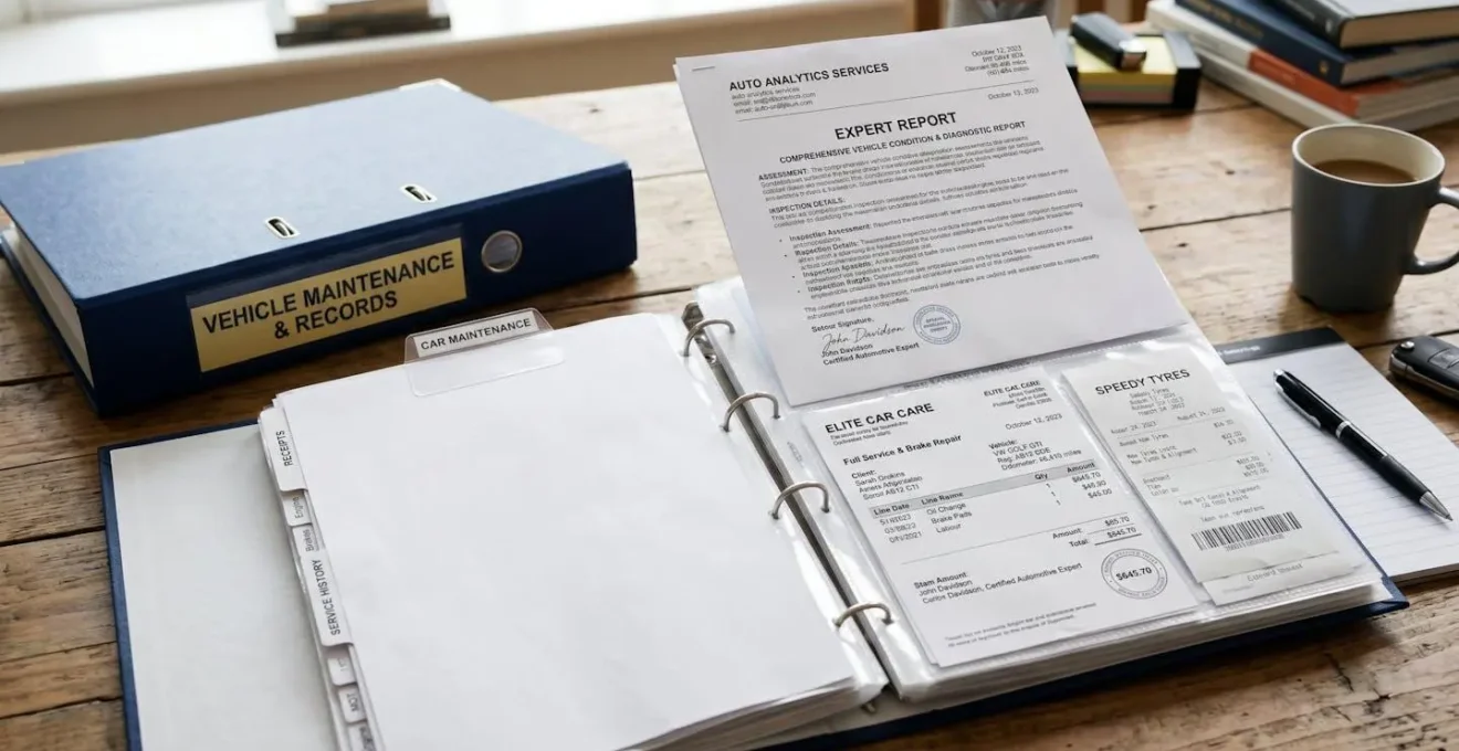 Dossier organisé avec factures d'entretien automobile et rapport d'expertise