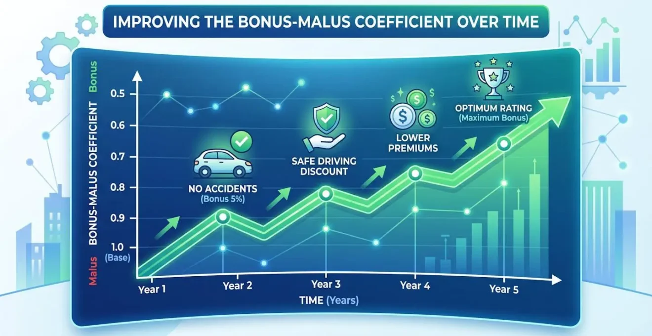 Graphique ascendant symbolisant l'amélioration du coefficient bonus-malus dans le temps