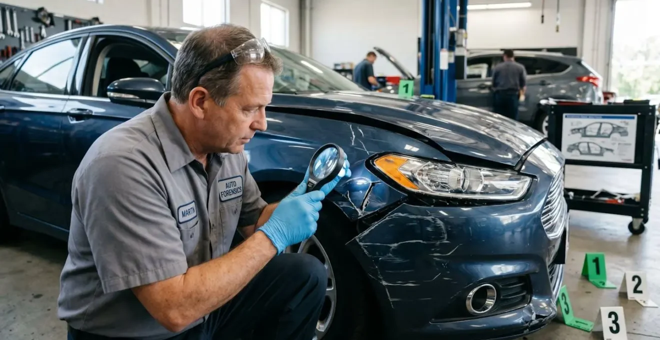Expert technique analysant les détails d'un véhicule accidenté