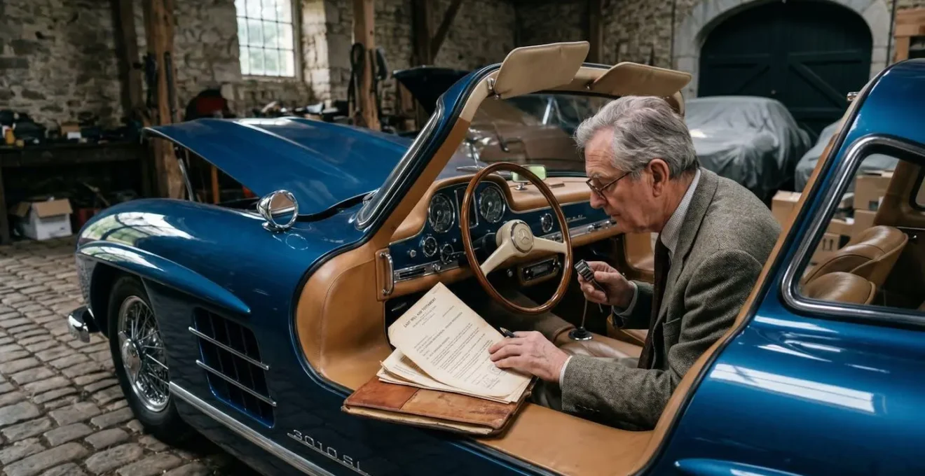 Expert automobile examinant une voiture de collection avec des documents pour une succession