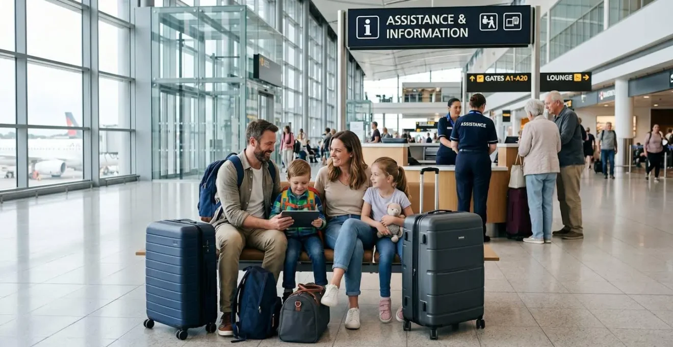 Famille avec bagages attendant calmement dans un hall moderne avec une présence d'assistance en arrière-plan