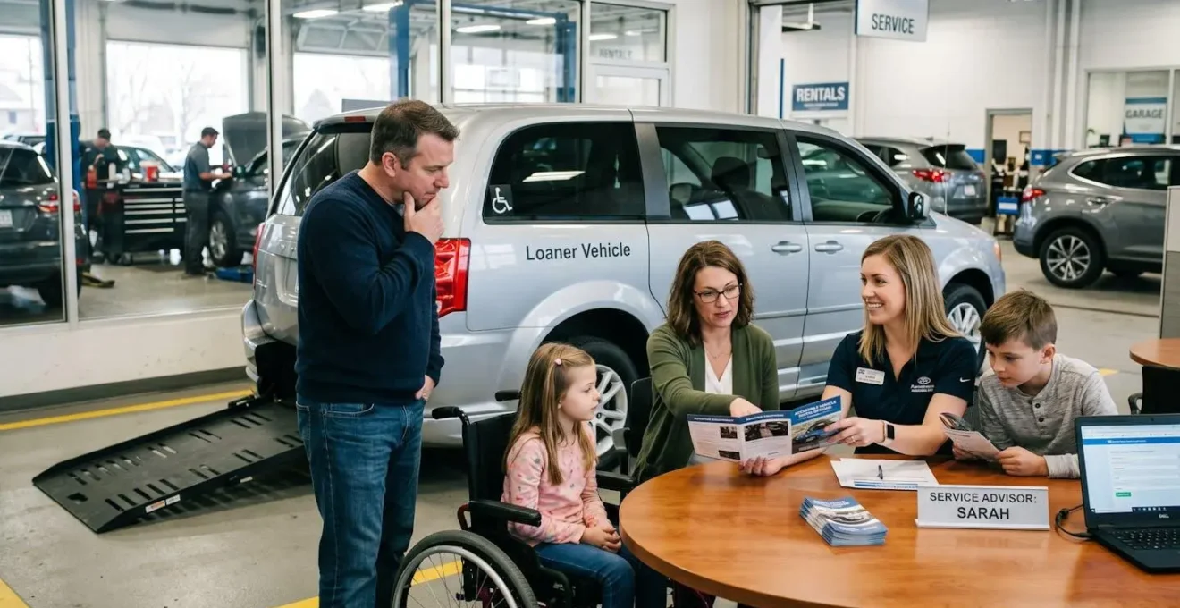 Famille discutant avec un conseiller dans un garage automobile pour obtenir un véhicule de prêt adapté à leurs besoins.