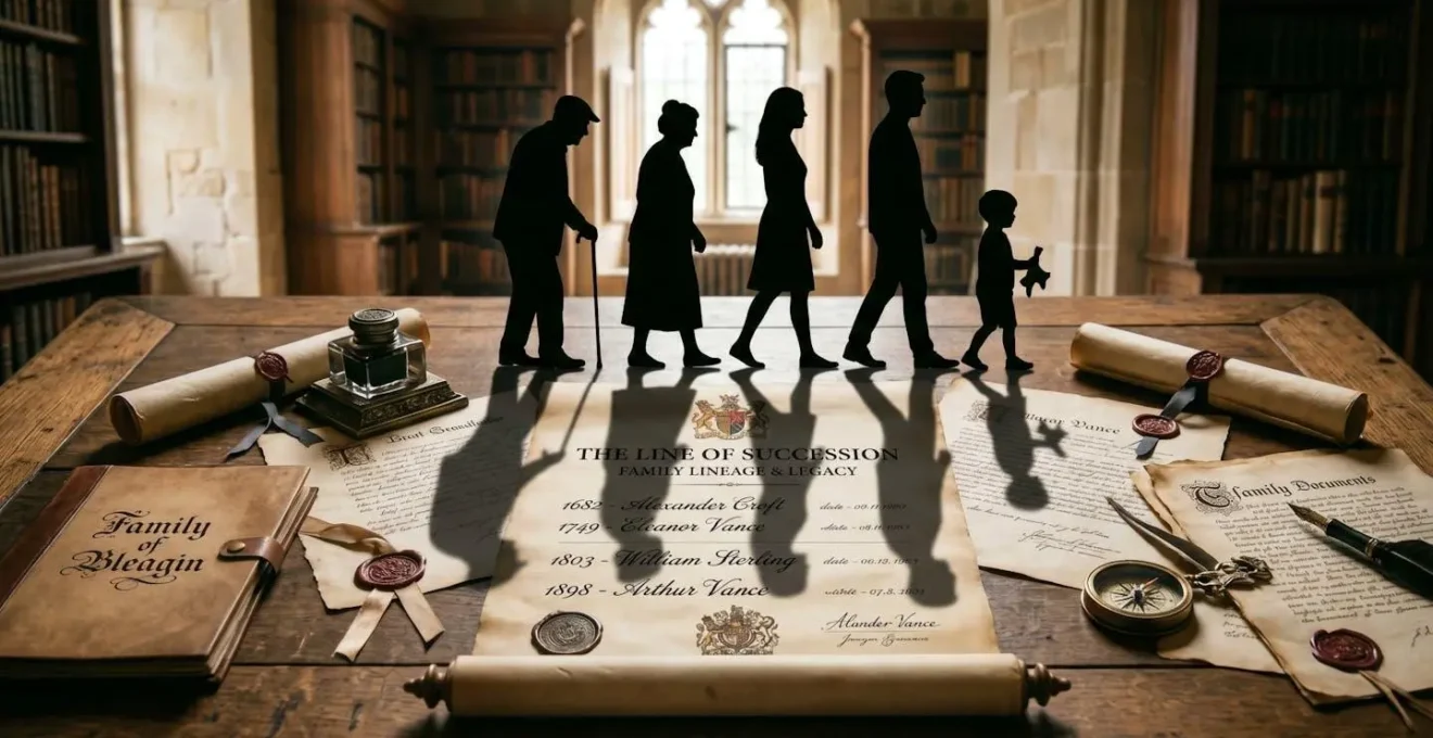 Vue symbolique de documents de succession avec ombres de plusieurs générations