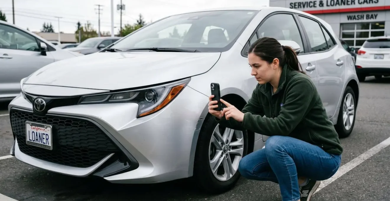 Personne utilisant son smartphone pour photographier méthodiquement l'état d'un véhicule de prêt avant de l'utiliser.