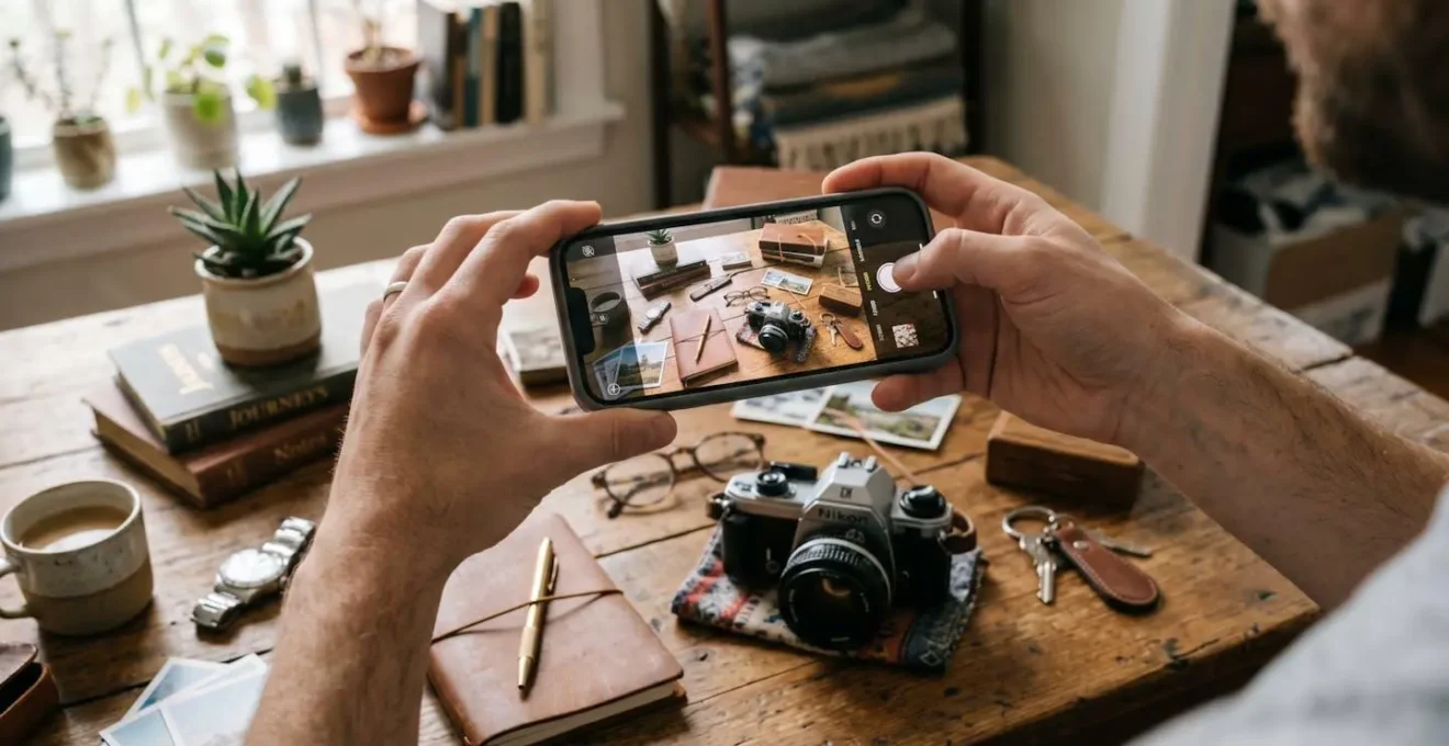 Main tenant un smartphone photographiant des objets personnels disposés sur une table