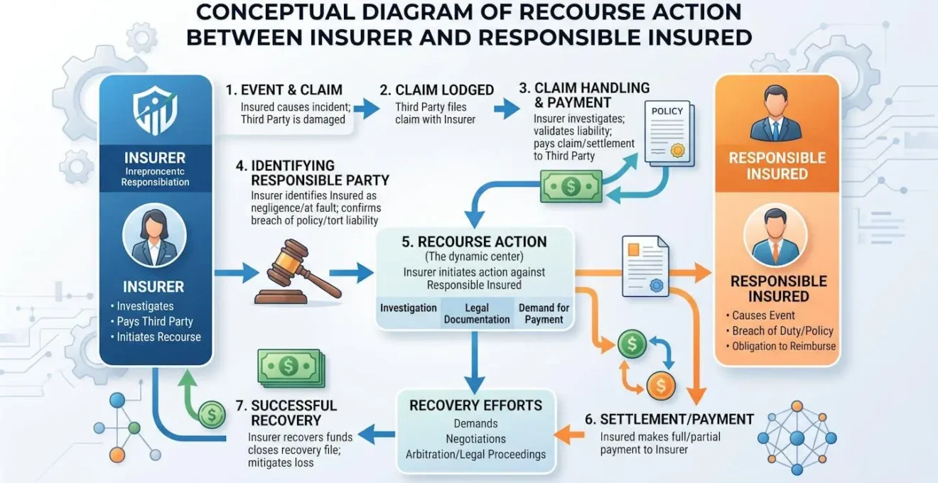Schéma conceptuel représentant le processus d'action récursoire entre assureur et assuré responsable