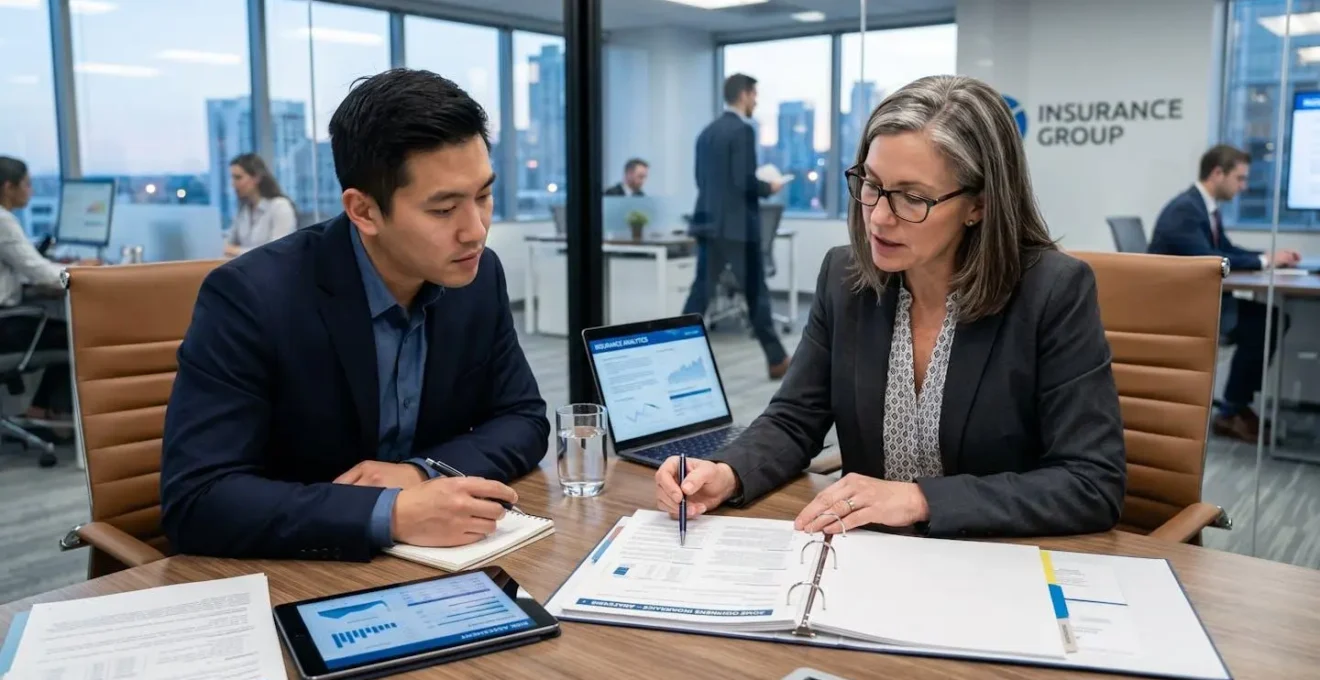 Professionnel en réunion analysant des documents d'assurance avec conseiller