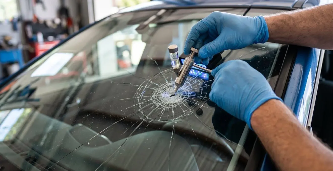 Détail macro d'un impact sur pare-brise automobile en cours de réparation