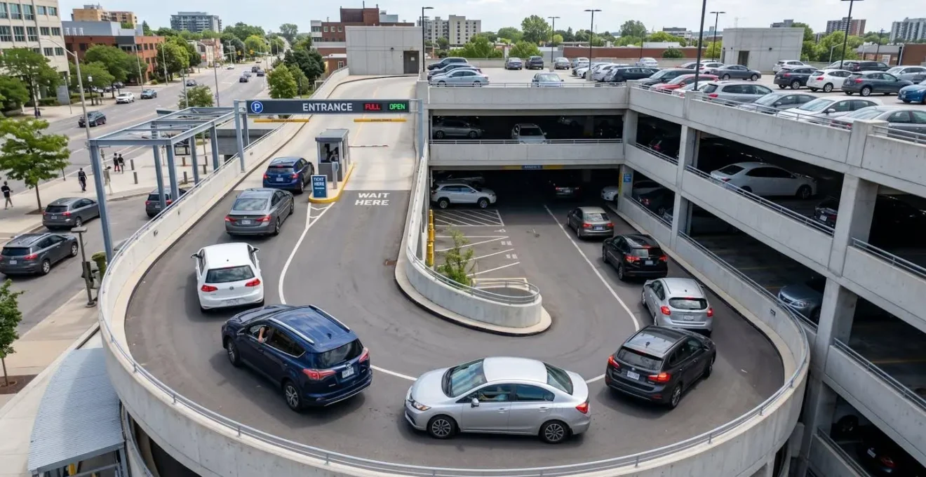 Vue d'ensemble d'un parking de garage avec plusieurs véhicules en attente
