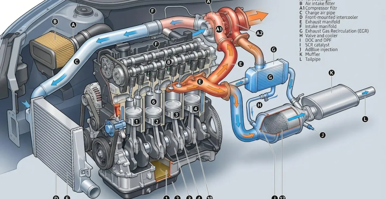 Vue détaillée des composants critiques d'un moteur moderne avec turbo et système antipollution