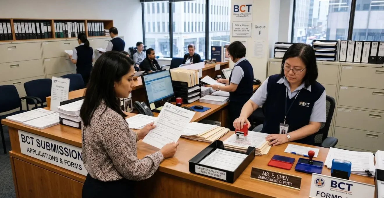 Bureau administratif avec formulaires et tampons officiels pour saisine BCT