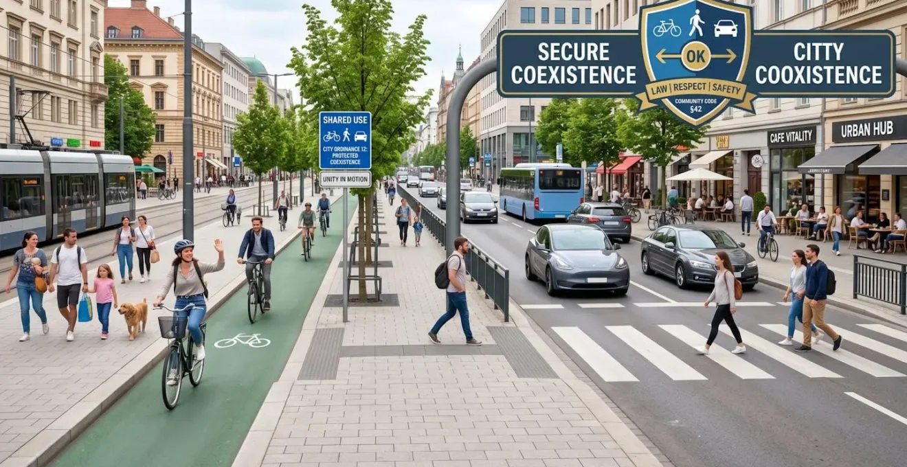 Scène urbaine montrant la coexistence sécurisée entre cyclistes, piétons et véhicules avec symbolique de protection juridique