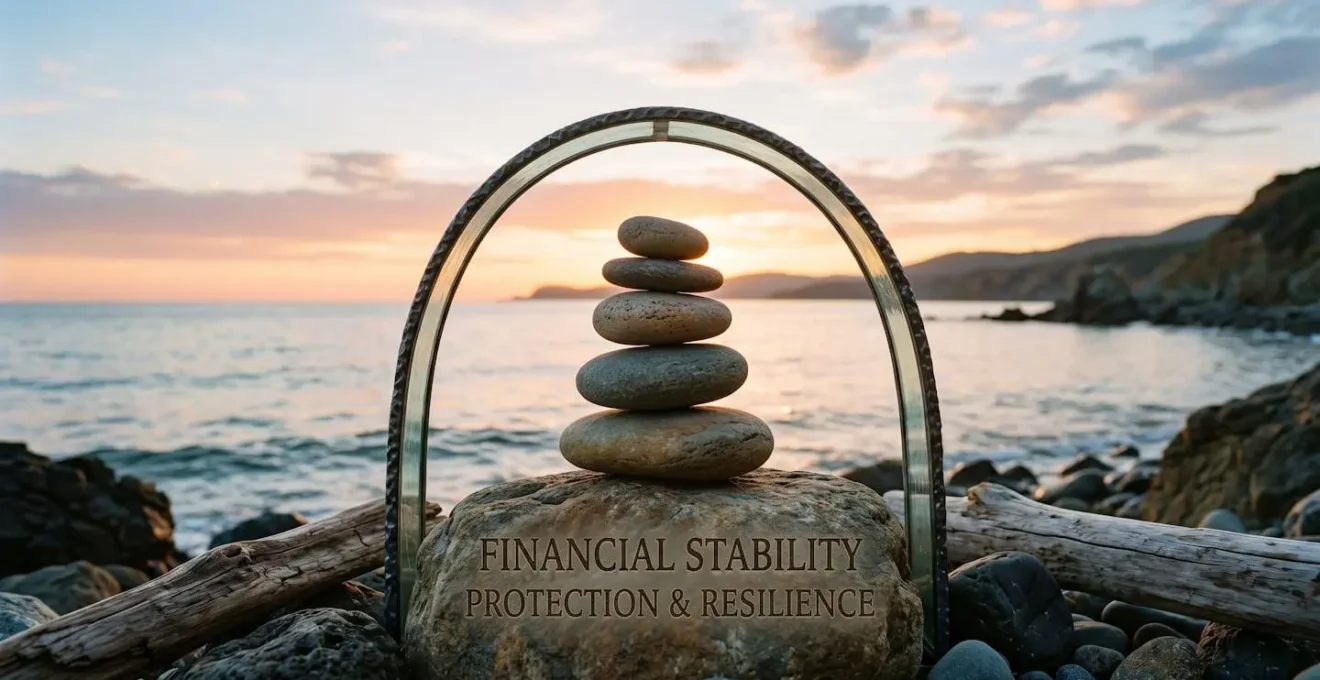 Vue symbolique de protection financière avec des pierres en équilibre, métaphore de la stabilité patrimoniale
