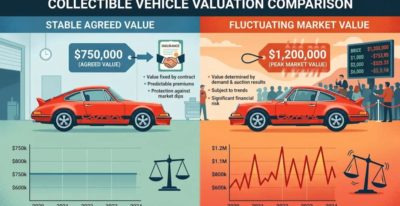 Comparaison visuelle entre valeur agréée stable et cote fluctuante d'un véhicule de collection.