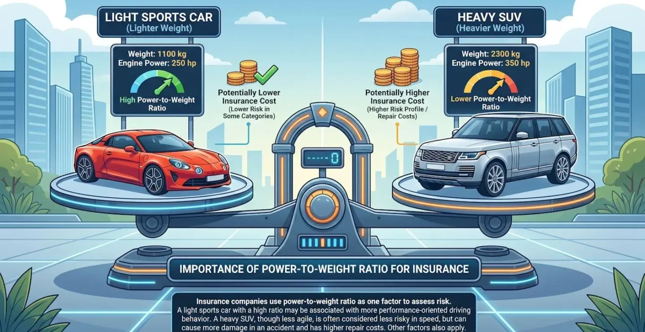 Comparaison visuelle entre une voiture sportive légère et un SUV lourd sur une balance, illustrant l'importance du rapport poids/puissance pour l'assurance.