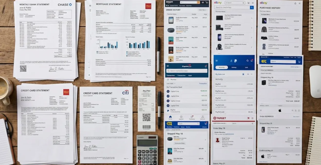 Vue aérienne de documents bancaires et captures d'écran d'historiques d'achats disposés sur une table