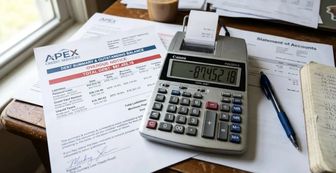 Gros plan sur des documents financiers avec calculatrice montrant l'ampleur d'une dette