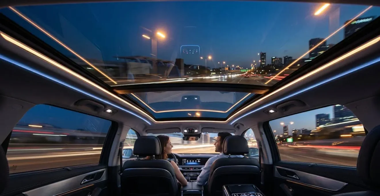 Toit vitré panoramique d'un véhicule moderne avec jeux de lumière