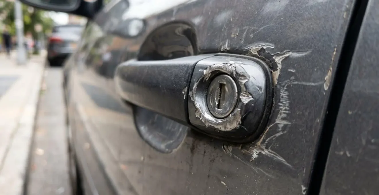 Traces d'effraction sur une serrure de voiture en gros plan