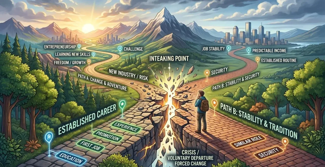 Représentation visuelle d'une trajectoire de carrière interrompue avec deux chemins divergents après un point de rupture