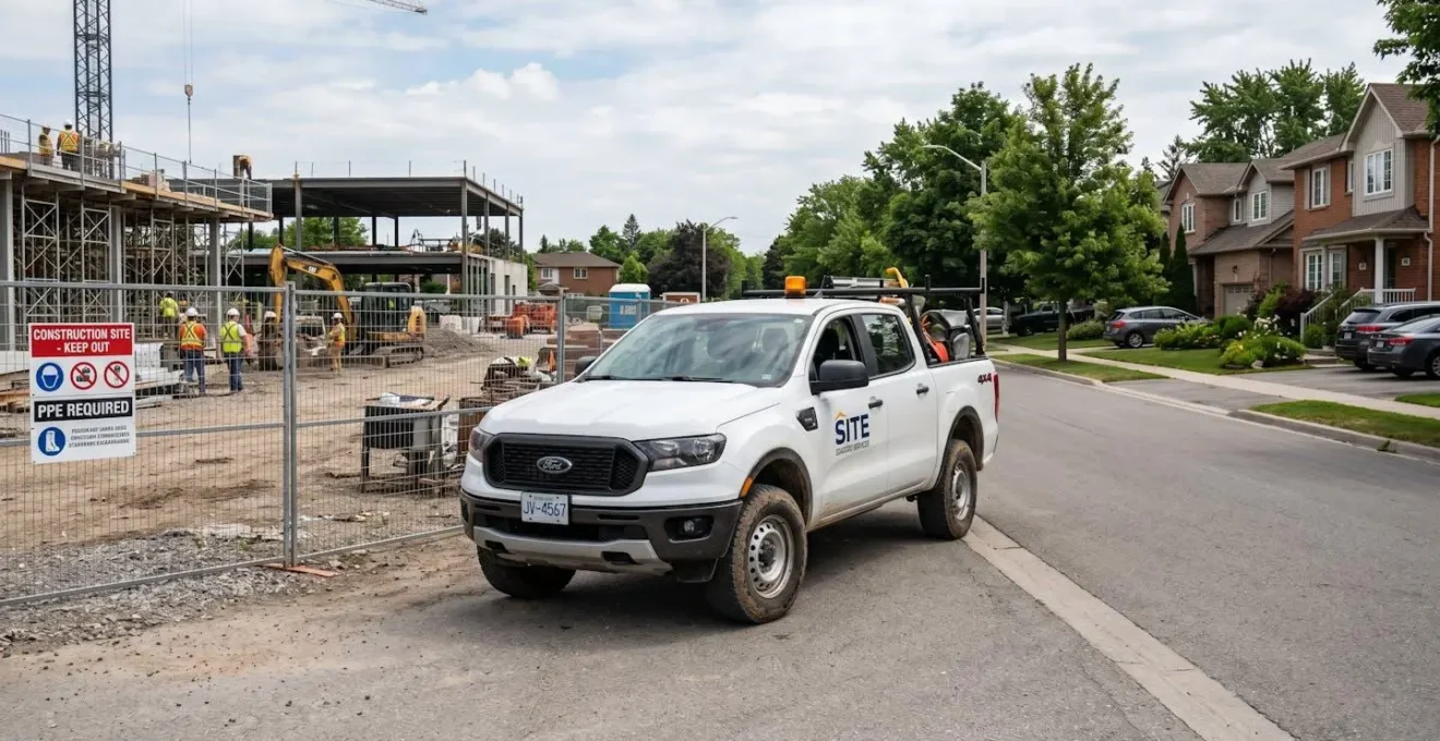 Véhicule utilitaire photographié entre un chantier professionnel et une zone résidentielle