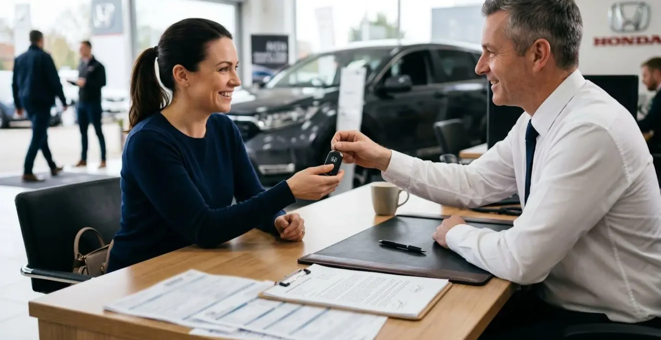 Transaction de vente automobile avec documents administratifs floutés sur une table