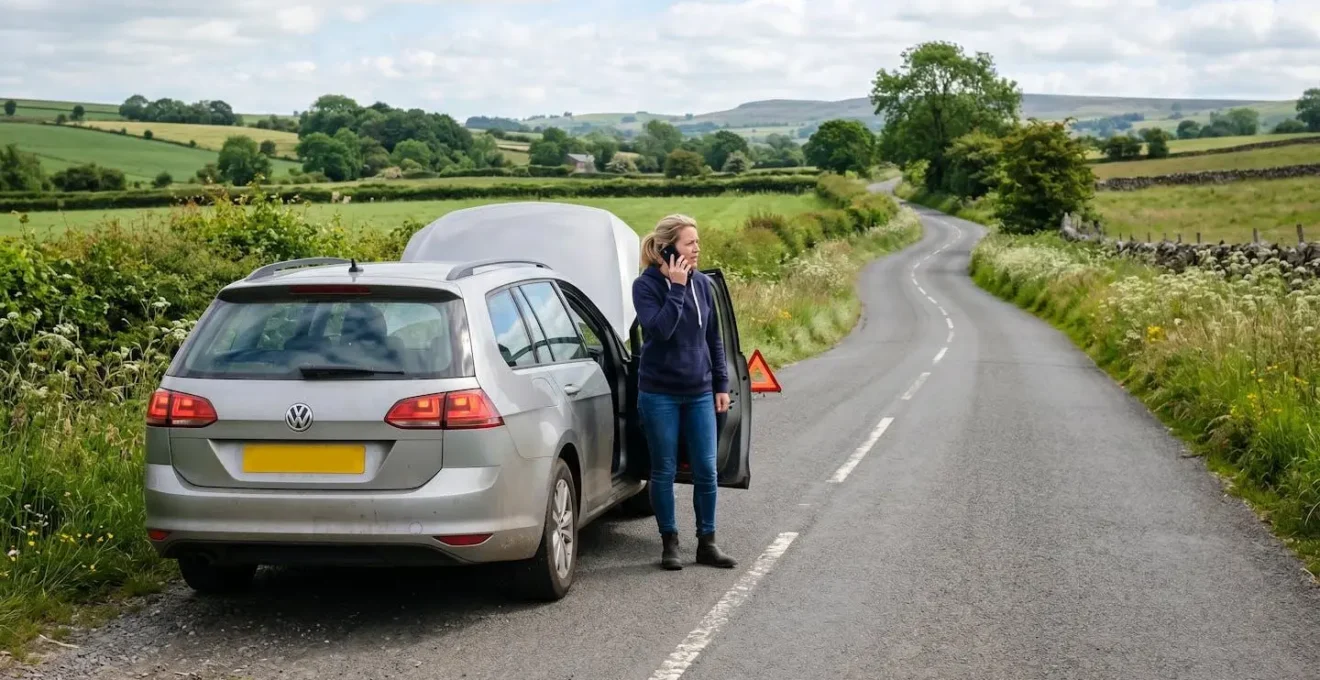 Voiture en panne sur le bord d'une route de campagne avec conducteur au téléphone
