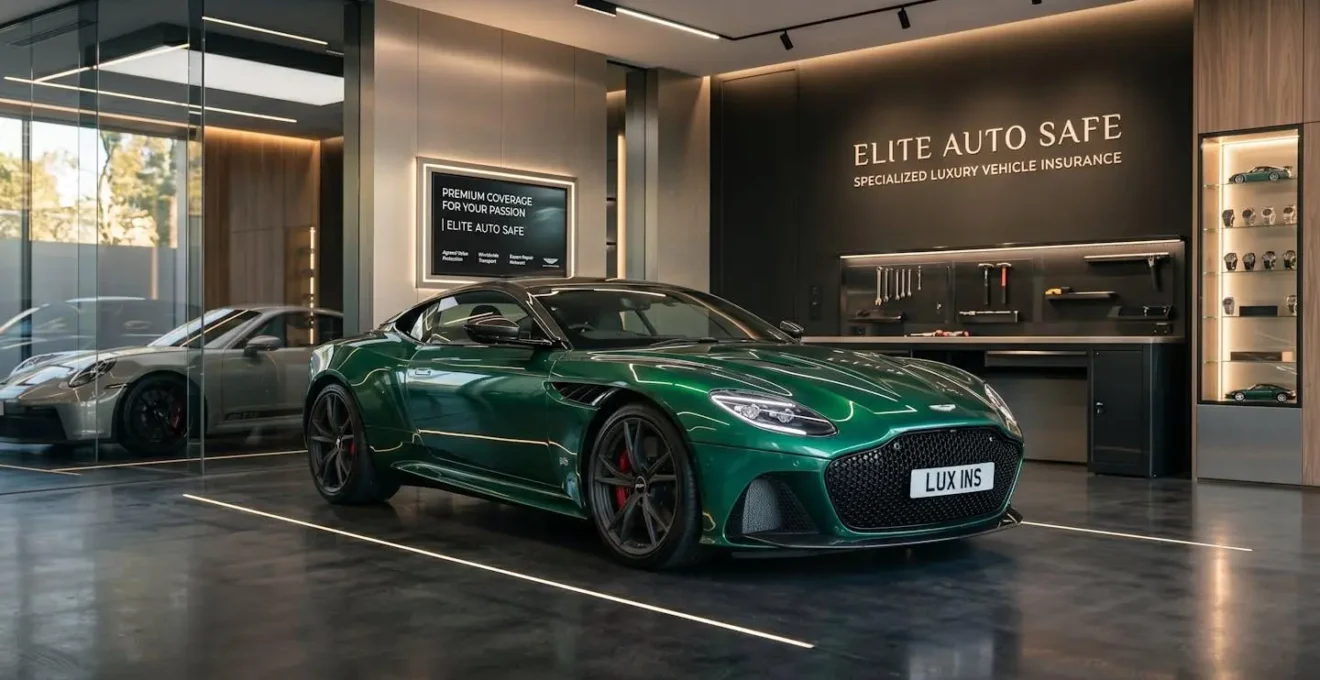 Voiture de sport haut de gamme dans un garage moderne, symbolisant l'assurance spécialisée pour véhicules de prestige.