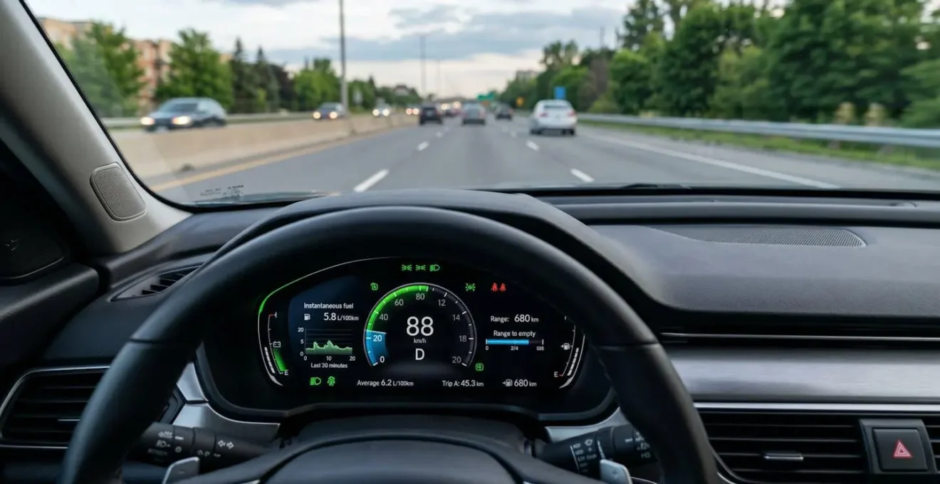 Vue d'ensemble d'un tableau de bord automobile moderne avec indicateurs de consommation